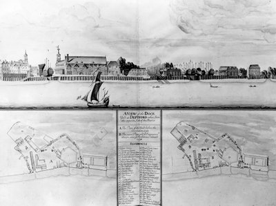 Een uitzicht op de scheepswerf in Deptford vanaf de overkant van de Theems, 1698 door English School